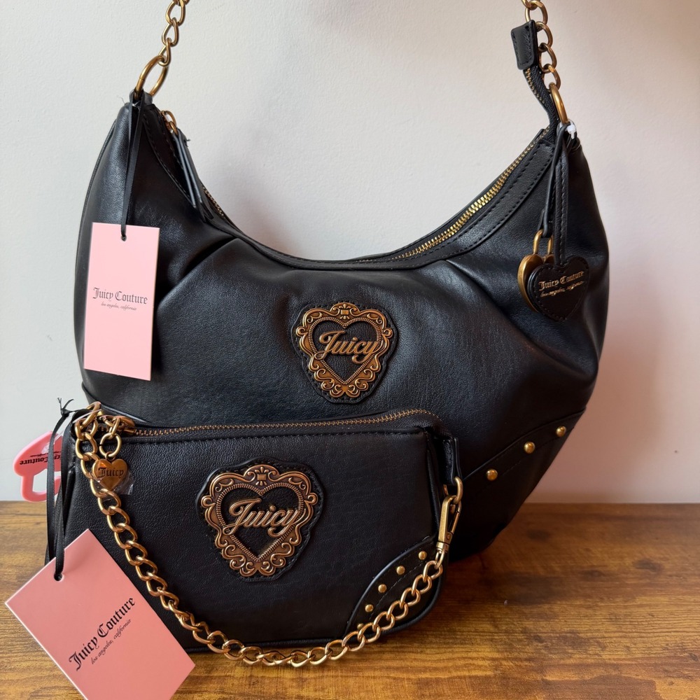 New Juicy Couture In Her Juicy Era Black Hobo Shoulder Handbag Wristlet Set Y2K